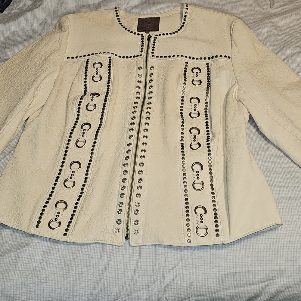 Double D Ranch Cream Leather Jacket with Studded Accents